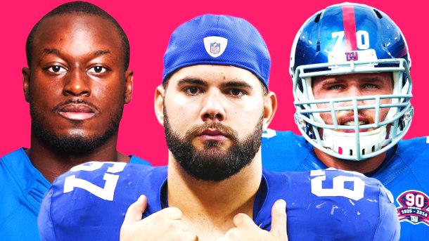 Left to Right: New York Giants 2018 free agents - running back Orleans Darkwa, guard Justin Pugh, and center Weston Richburg