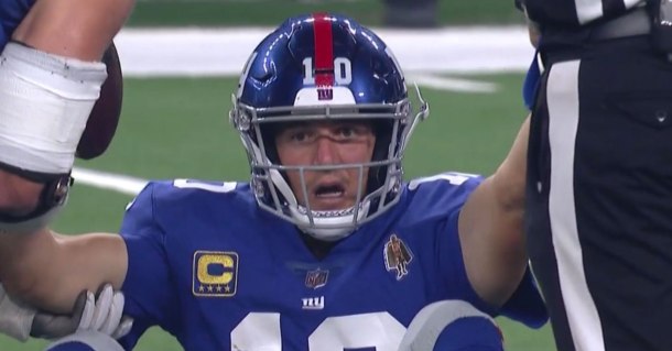 New York Giants quarterback Eli Manning looks surprised his remade offensive line still sucks.