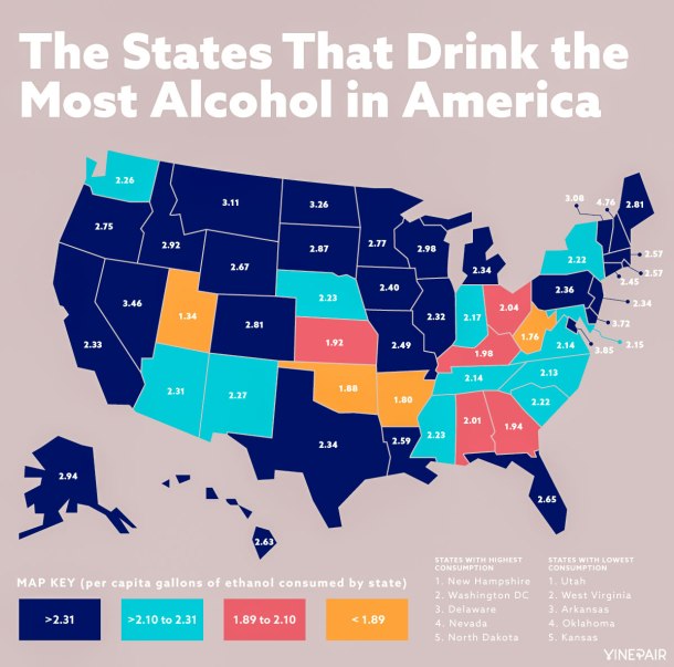 Infographic showing how much alcohol each state in the USA drinks